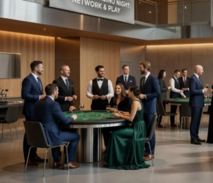 Loftový společenský večer ve stylu casino s hosty u herního stolu