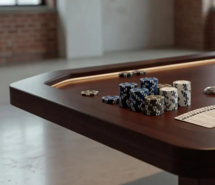 Profesionální pokerové stoly, žetony a karty připravené pro večer